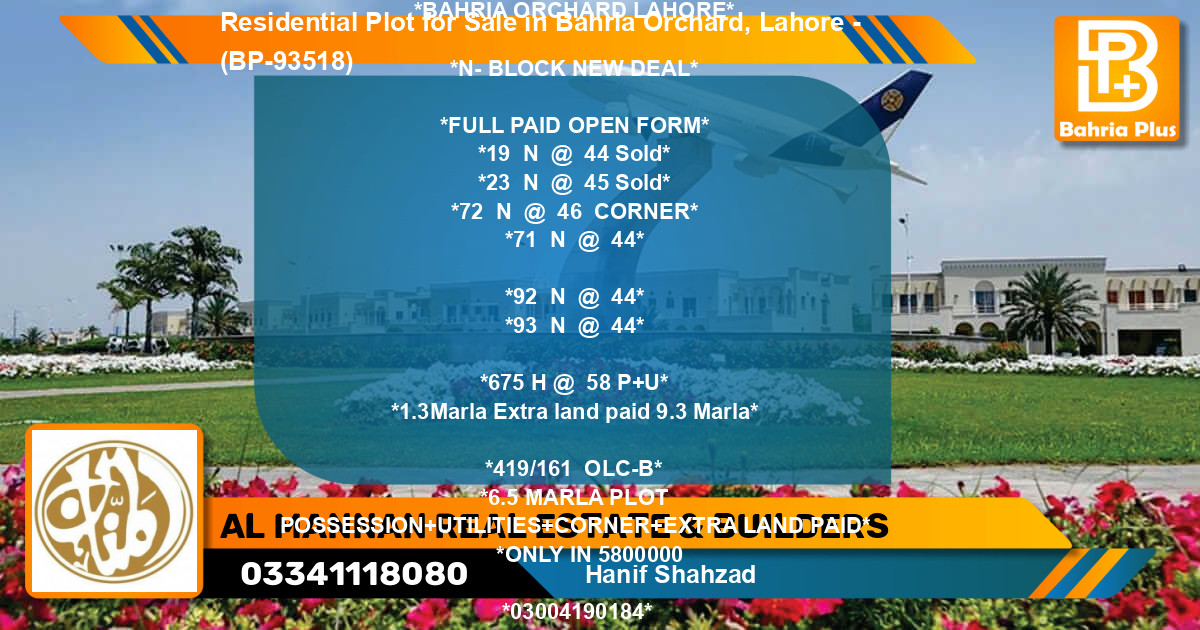 Residential Plot for Sale in Bahria Orchard, Lahore - (BP-93518)