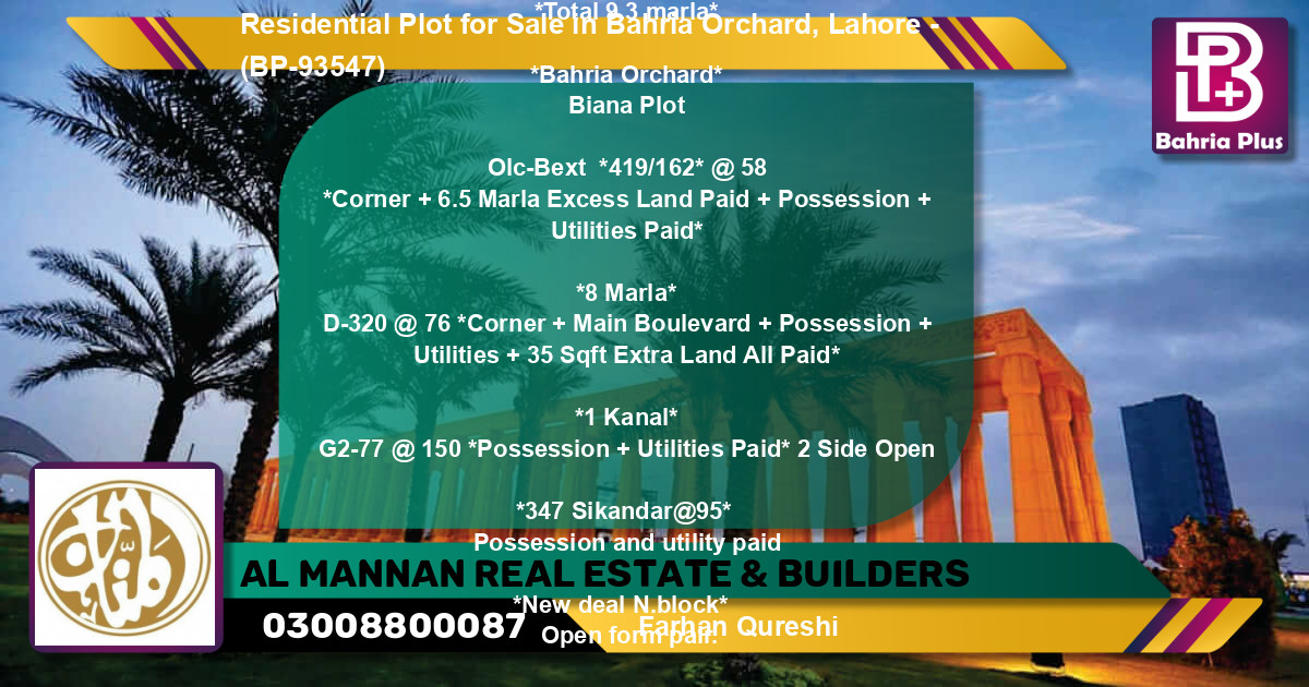 Residential Plot for Sale in Bahria Orchard, Lahore - (BP-93547)