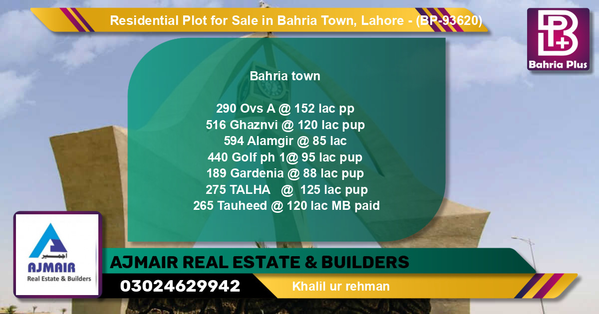 Residential Plot for Sale in Bahria Town, Lahore - (BP-93620)