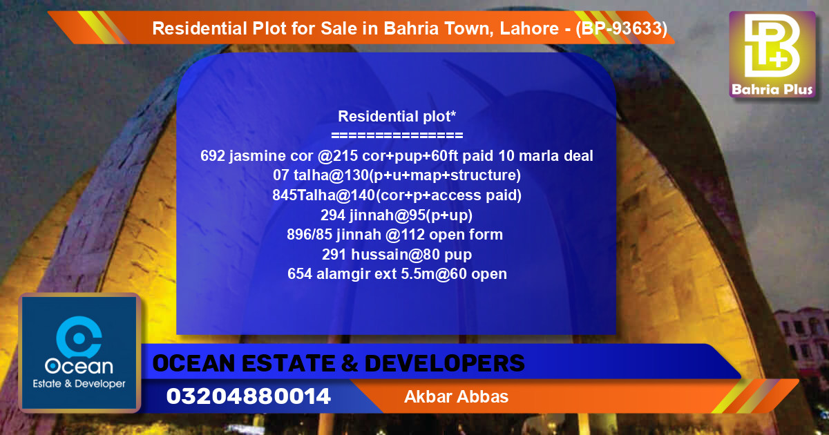Residential Plot for Sale in Bahria Town, Lahore - (BP-93633)