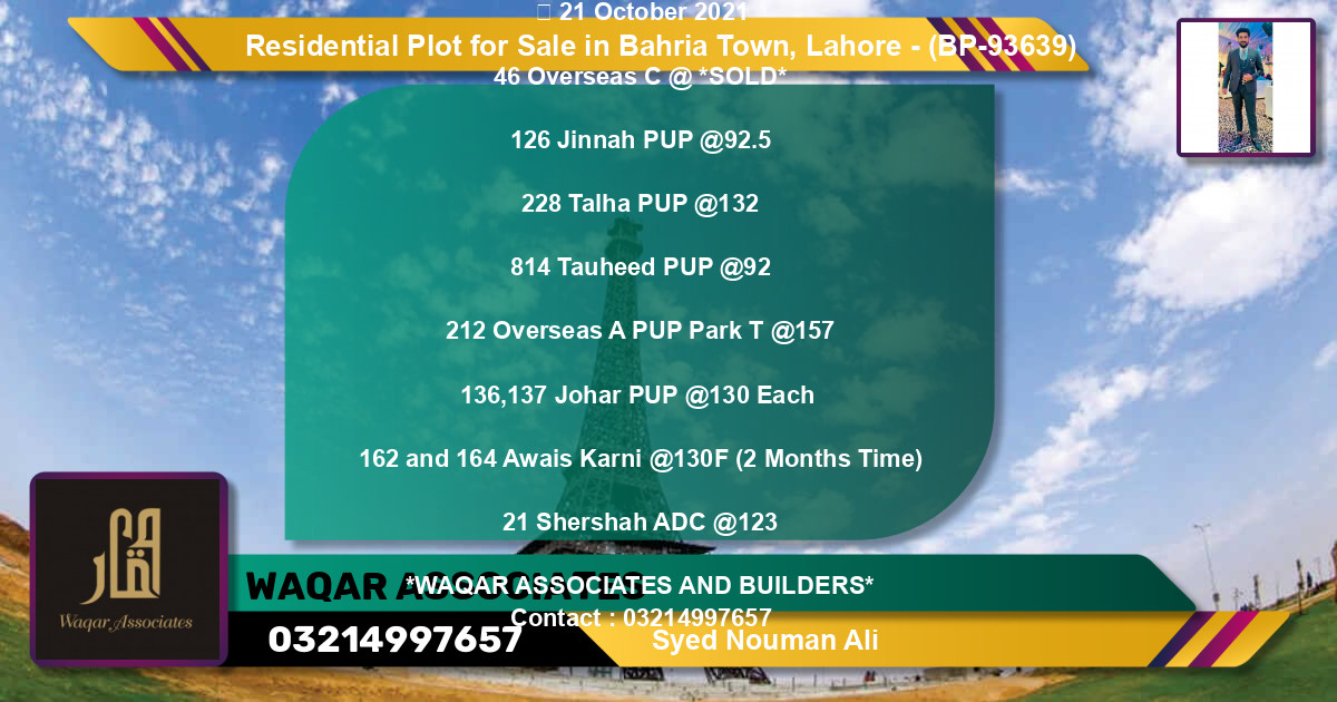 Residential Plot for Sale in Bahria Town, Lahore - (BP-93639)
