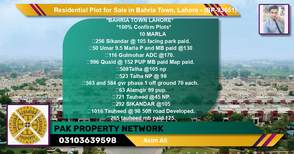 Residential Plot for Sale in Bahria Town, Lahore - (BP-93651)