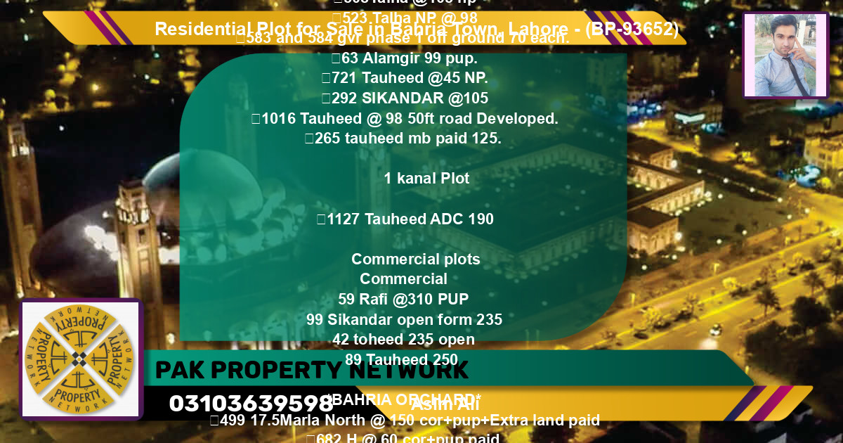 Residential Plot for Sale in Bahria Town, Lahore - (BP-93652)