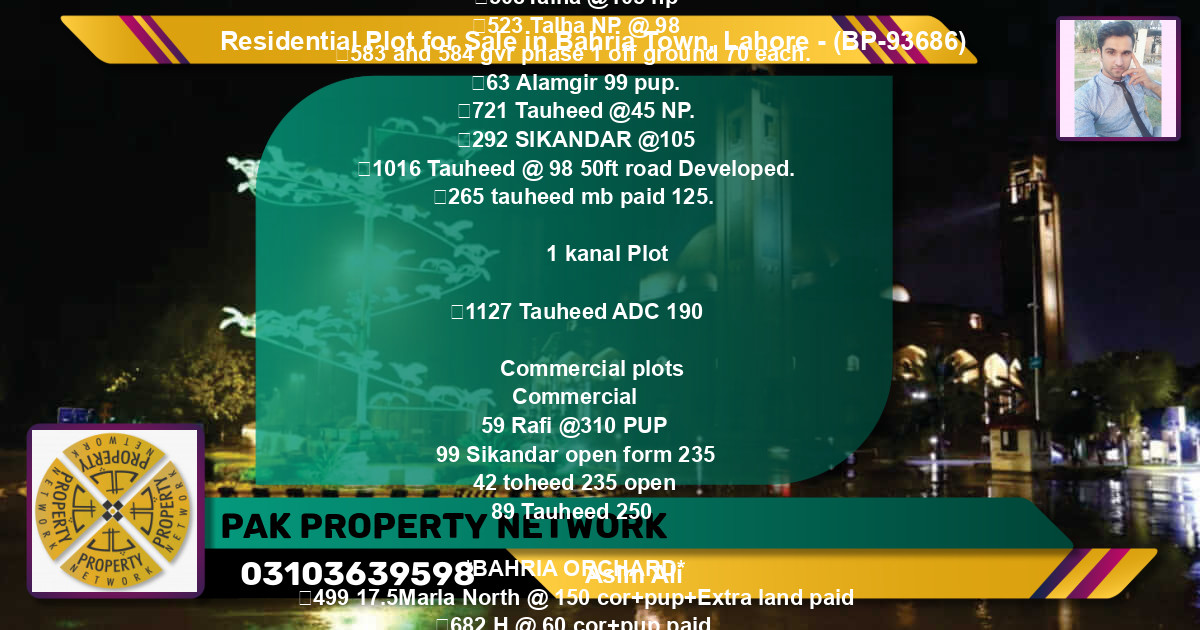 Residential Plot for Sale in Bahria Town, Lahore - (BP-93686)