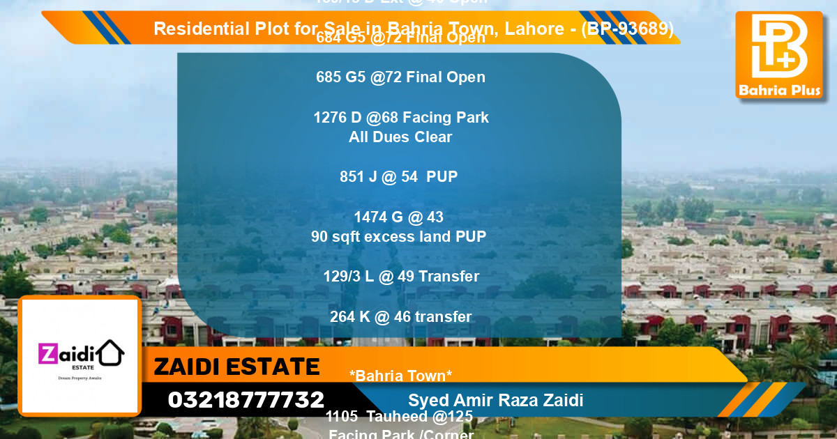 Residential Plot for Sale in Bahria Town, Lahore - (BP-93689)