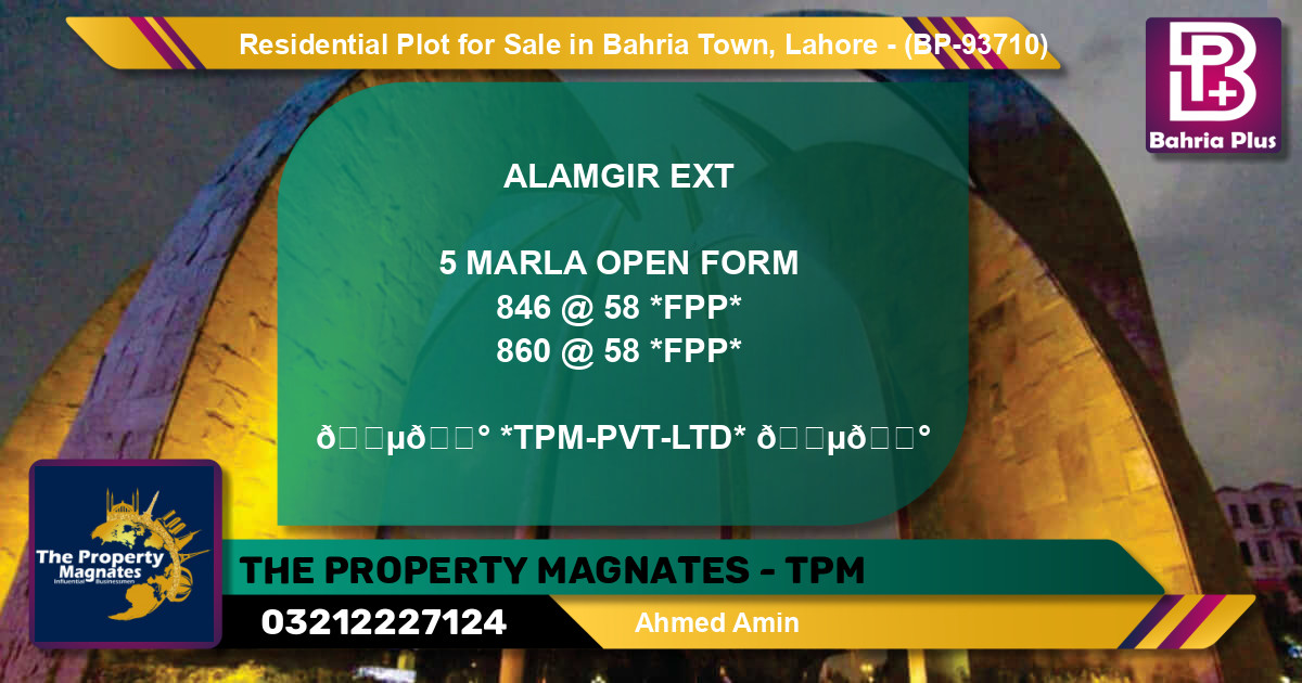 Residential Plot for Sale in Bahria Town, Lahore - (BP-93710)