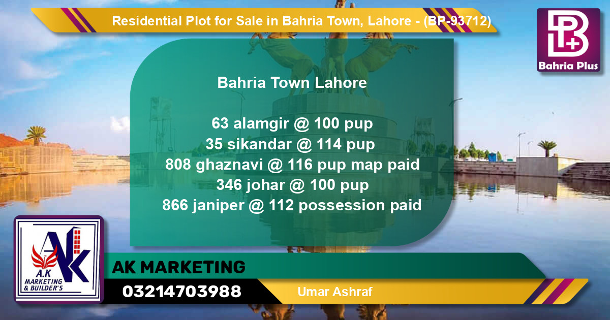 Residential Plot for Sale in Bahria Town, Lahore - (BP-93712)