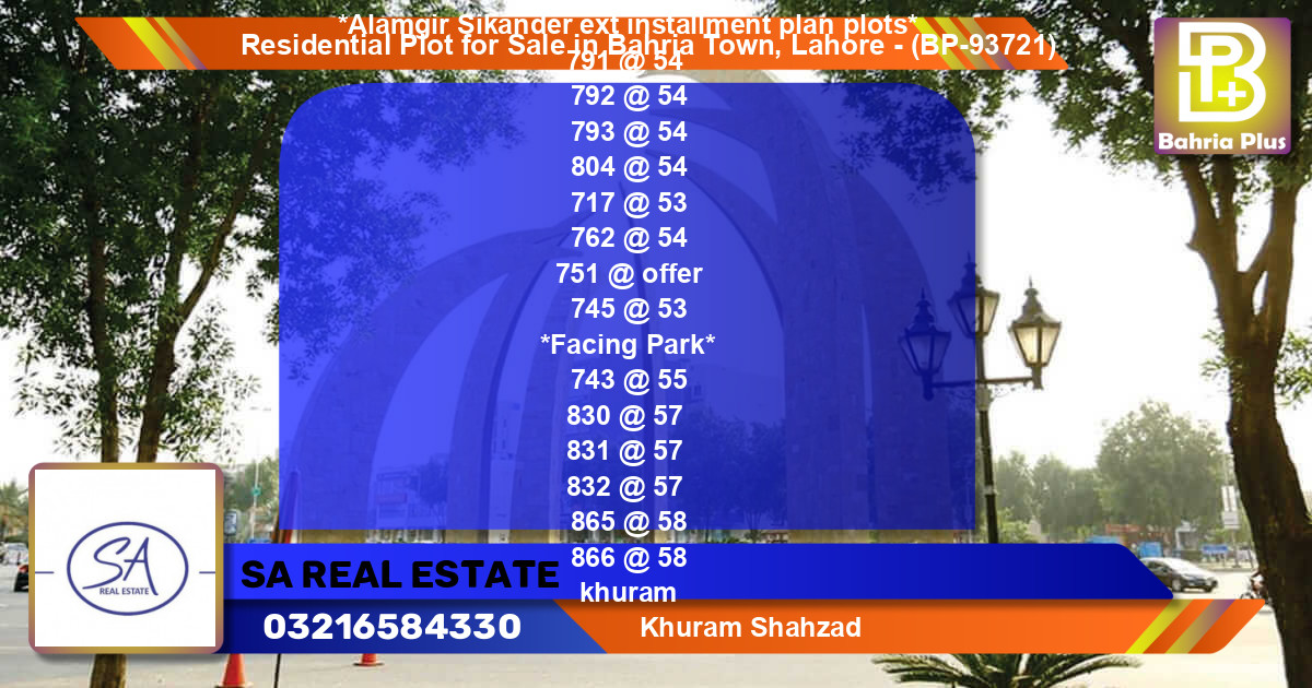 Residential Plot for Sale in Bahria Town, Lahore - (BP-93721)