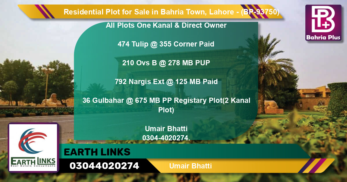 Residential Plot for Sale in Bahria Town, Lahore - (BP-93750)