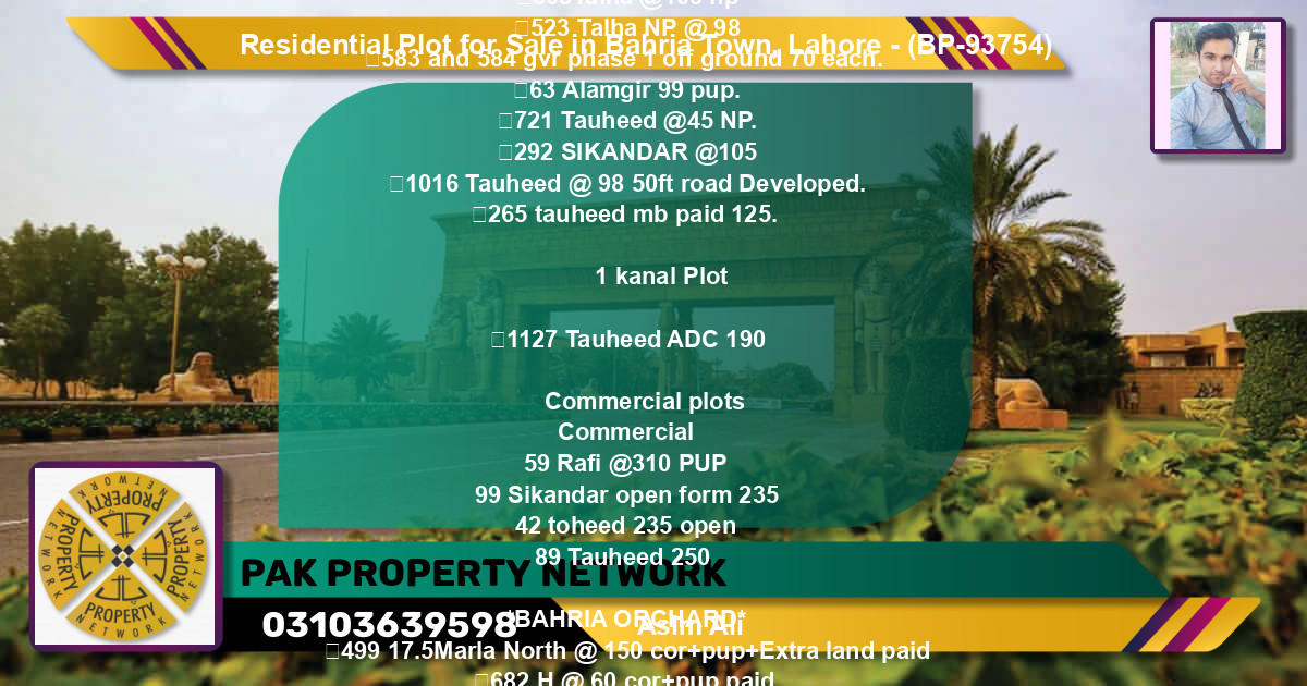 Residential Plot for Sale in Bahria Town, Lahore - (BP-93754)