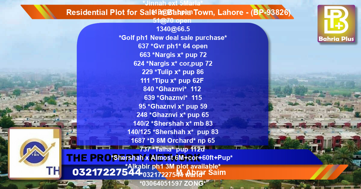 Residential Plot for Sale in Bahria Town, Lahore - (BP-93826)