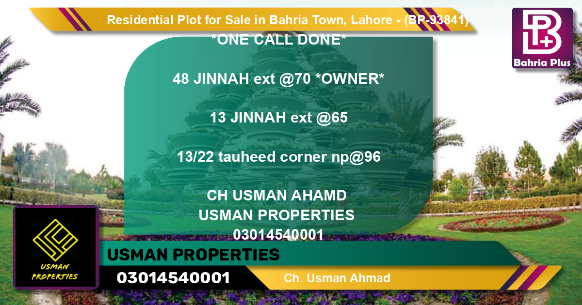 Residential Plot for Sale in Bahria Town, Lahore - (BP-93841)