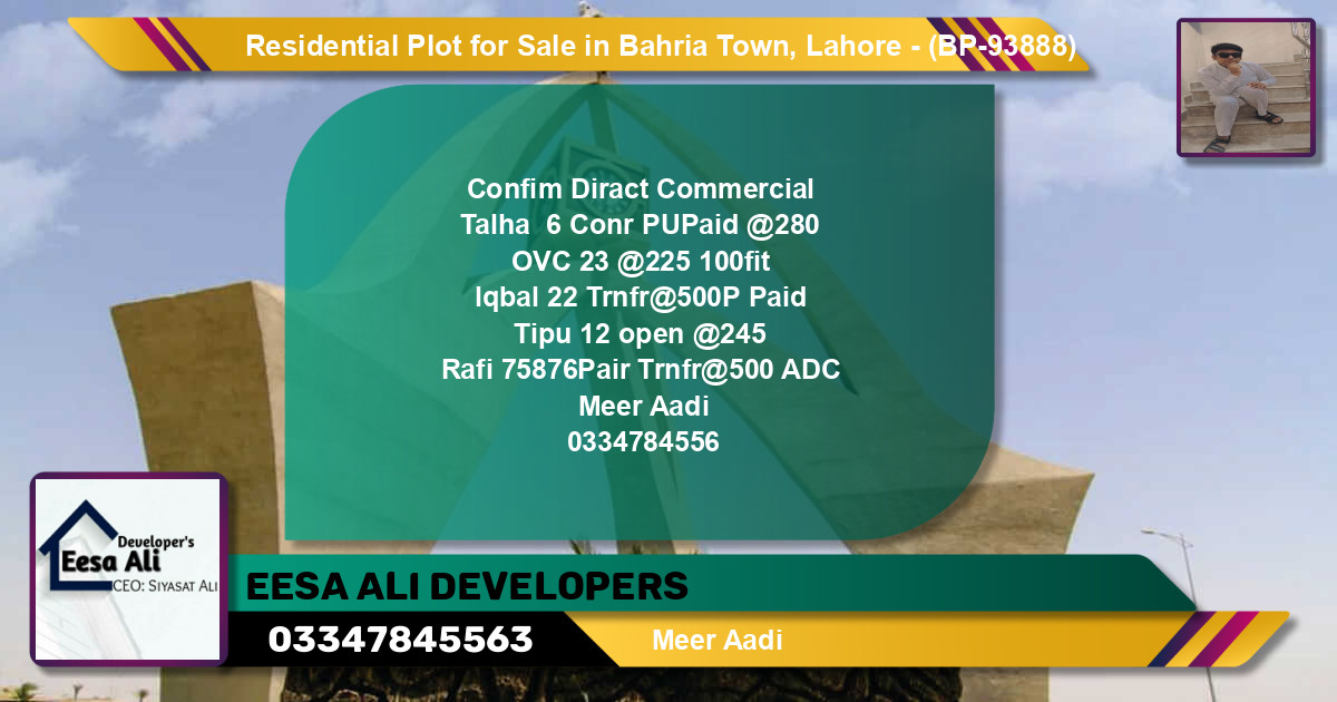 Residential Plot for Sale in Bahria Town, Lahore - (BP-93888)