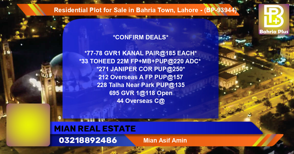 Residential Plot for Sale in Bahria Town, Lahore - (BP-93944)