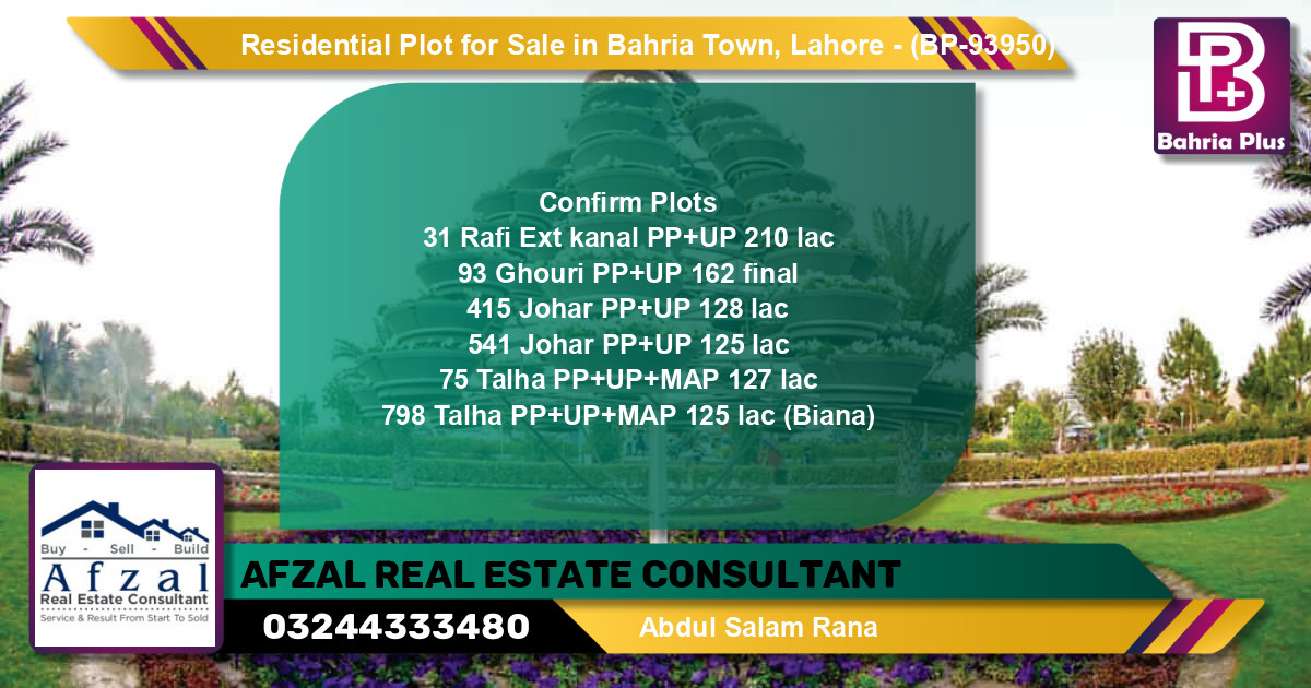 Residential Plot for Sale in Bahria Town, Lahore - (BP-93950)