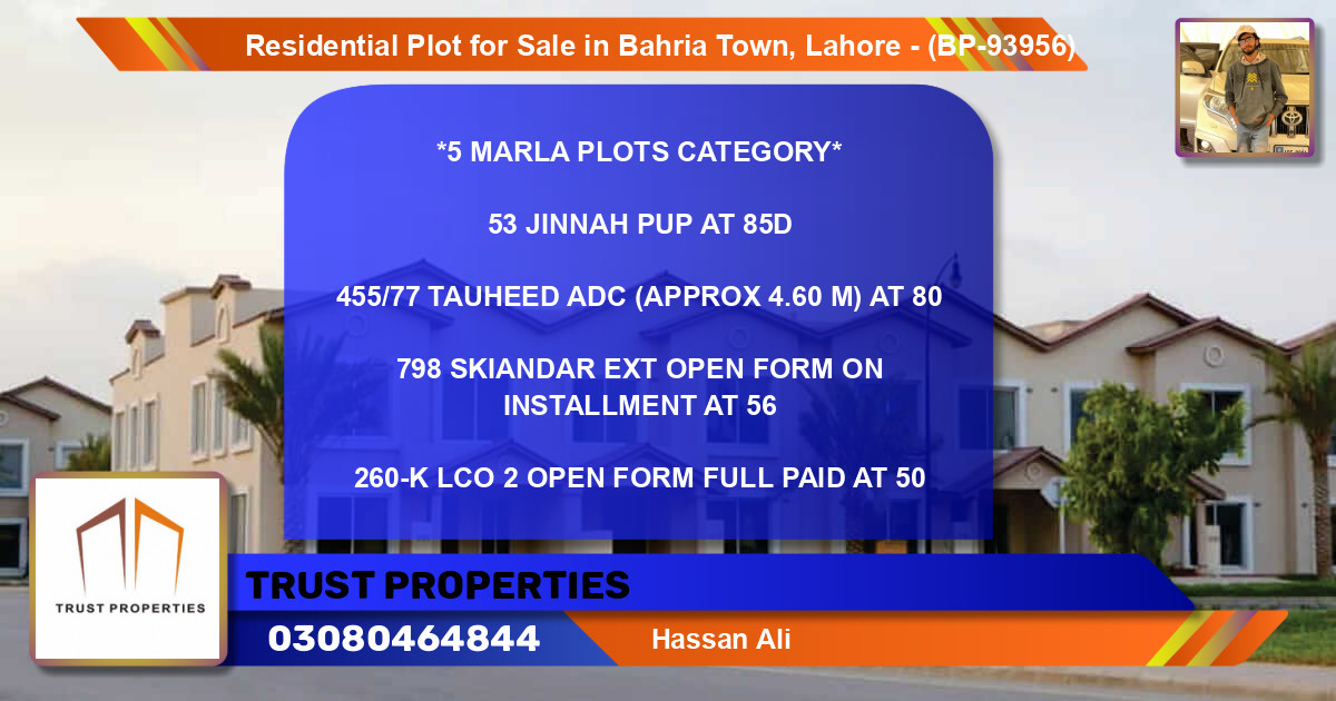 Residential Plot for Sale in Bahria Town, Lahore - (BP-93956)
