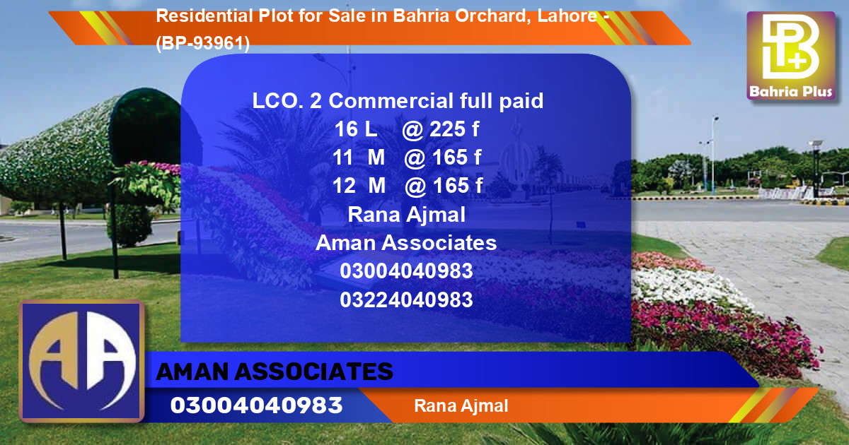 Residential Plot for Sale in Bahria Orchard, Lahore - (BP-93961)