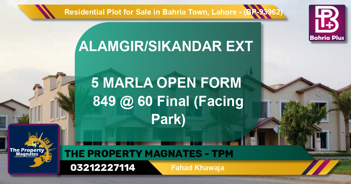 Residential Plot for Sale in Bahria Town, Lahore - (BP-93962)