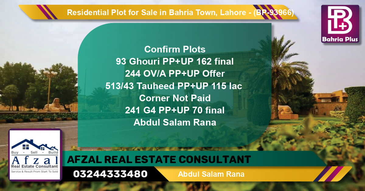 Residential Plot for Sale in Bahria Town, Lahore - (BP-93966)