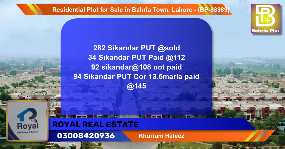 Residential Plot for Sale in Bahria Town, Lahore - (BP-93989)