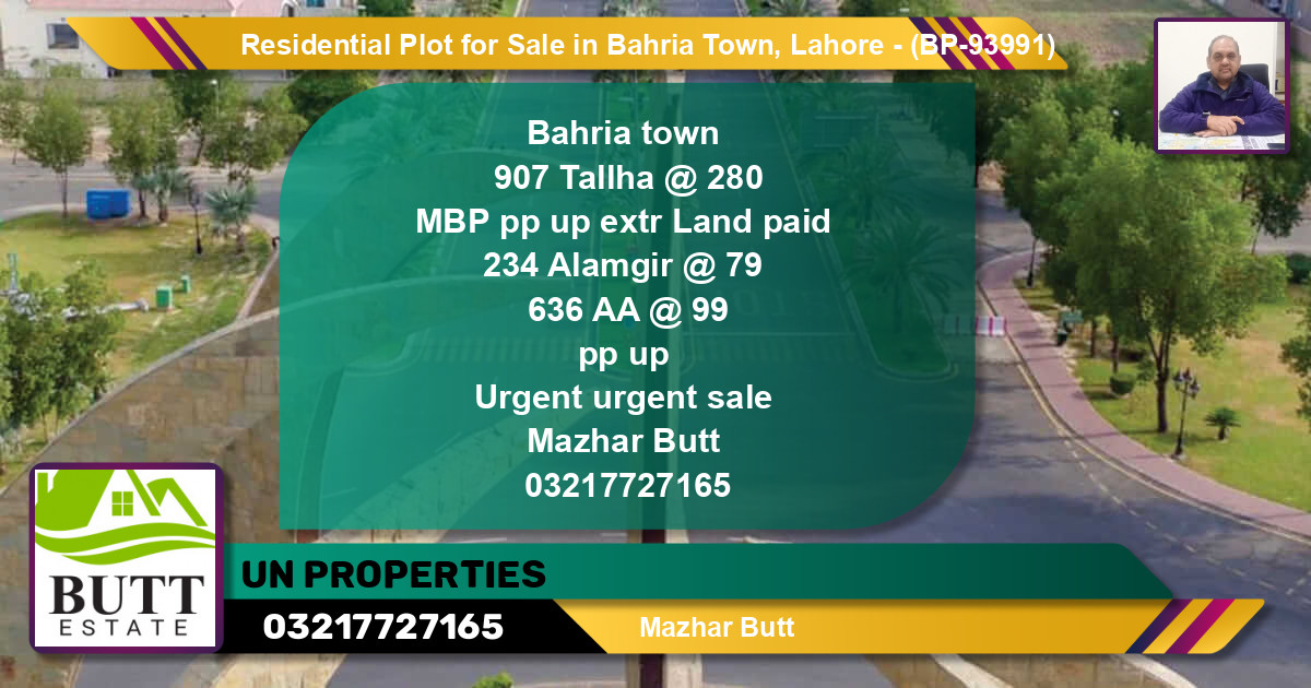 Residential Plot for Sale in Bahria Town, Lahore - (BP-93991)