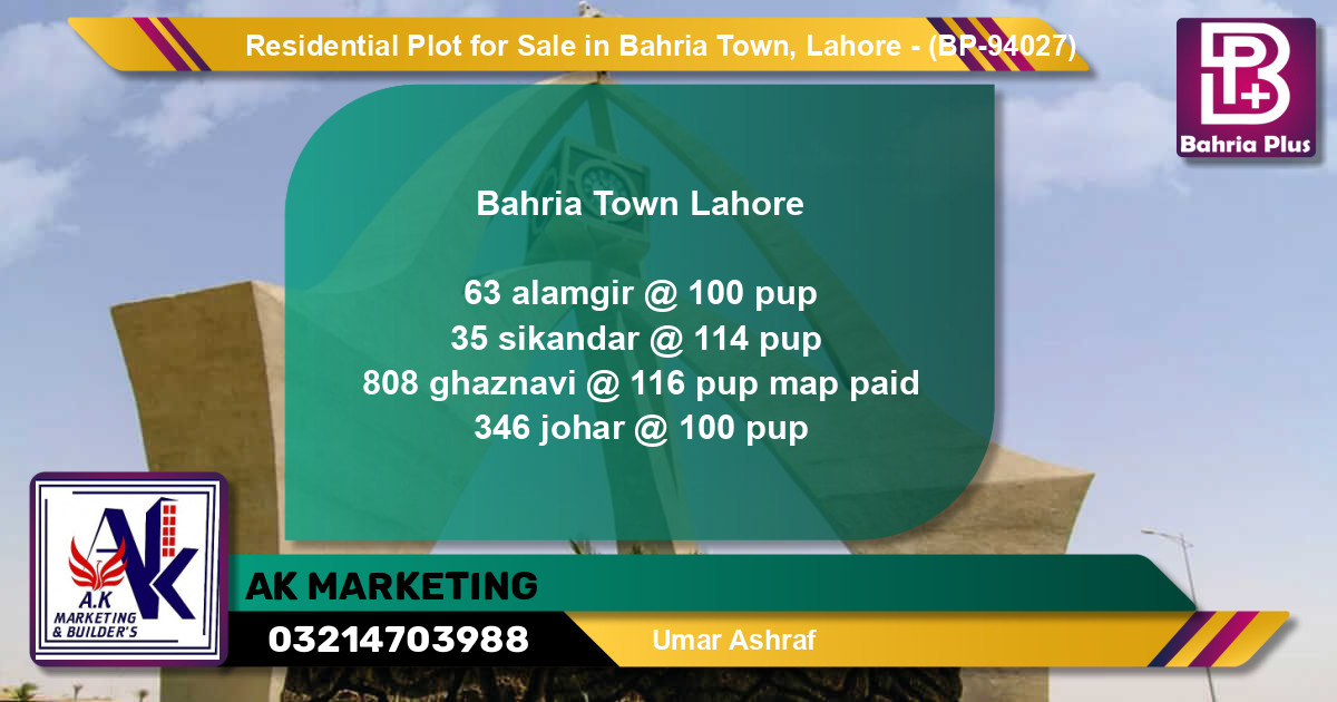 Residential Plot for Sale in Bahria Town, Lahore - (BP-94027)