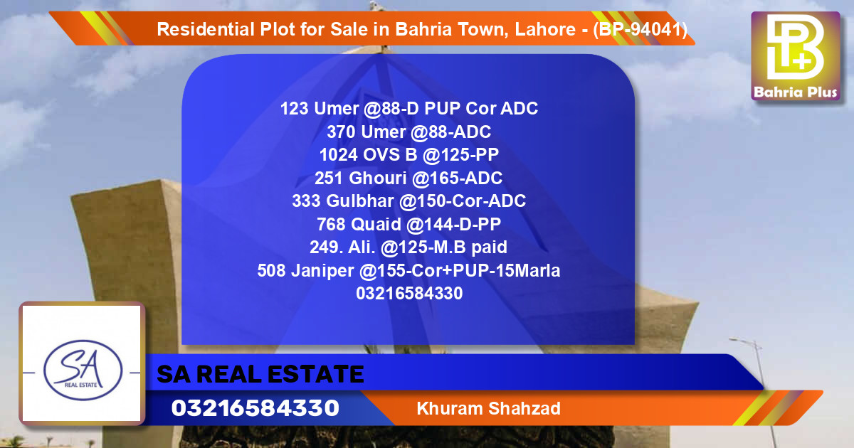Residential Plot for Sale in Bahria Town, Lahore - (BP-94041)