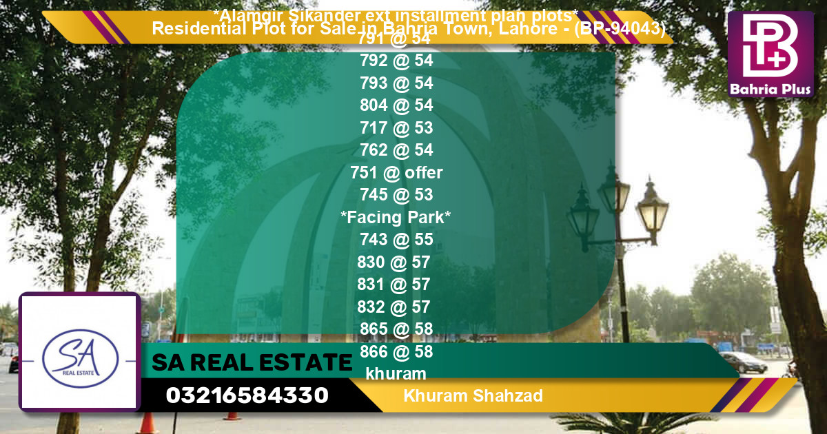 Residential Plot for Sale in Bahria Town, Lahore - (BP-94043)