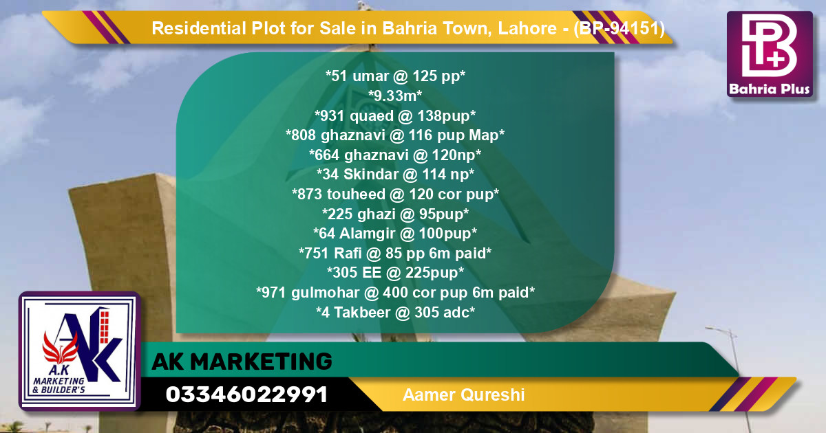 Residential Plot for Sale in Bahria Town, Lahore - (BP-94151)