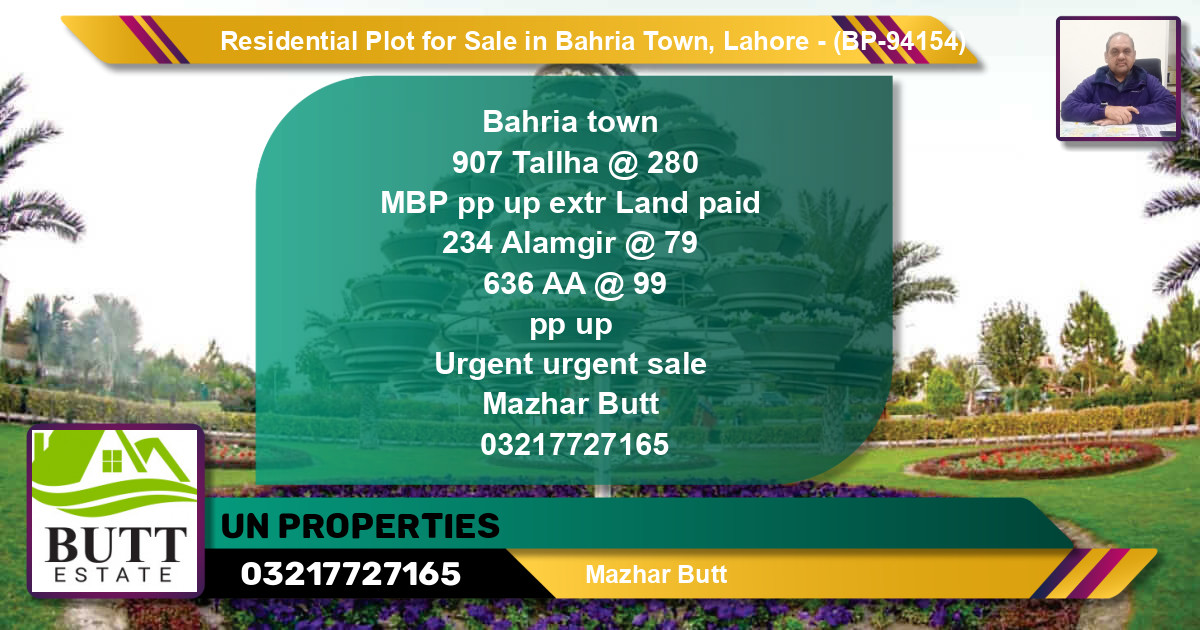 Residential Plot for Sale in Bahria Town, Lahore - (BP-94154)