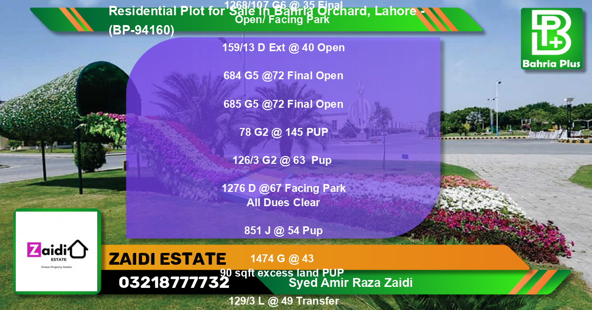 Residential Plot for Sale in Bahria Orchard, Lahore - (BP-94160)