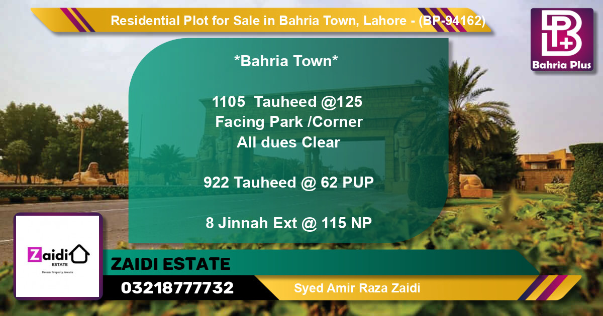 Residential Plot for Sale in Bahria Town, Lahore - (BP-94162)