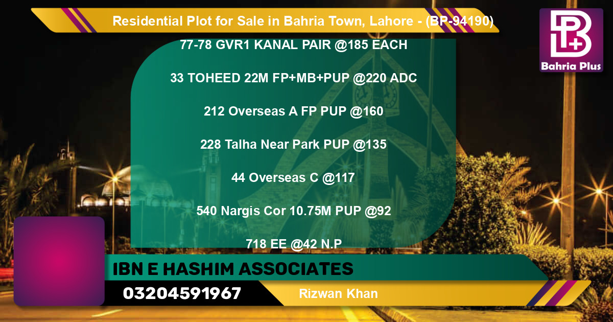 Residential Plot for Sale in Bahria Town, Lahore - (BP-94190)