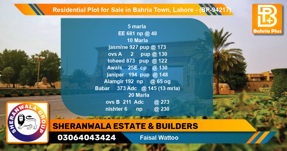 Residential Plot for Sale in Bahria Town, Lahore - (BP-94217)