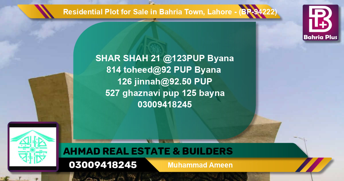 Residential Plot for Sale in Bahria Town, Lahore - (BP-94222)