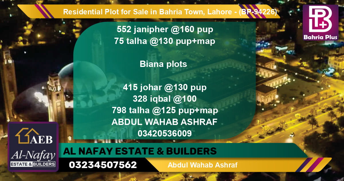 Residential Plot for Sale in Bahria Town, Lahore - (BP-94226)