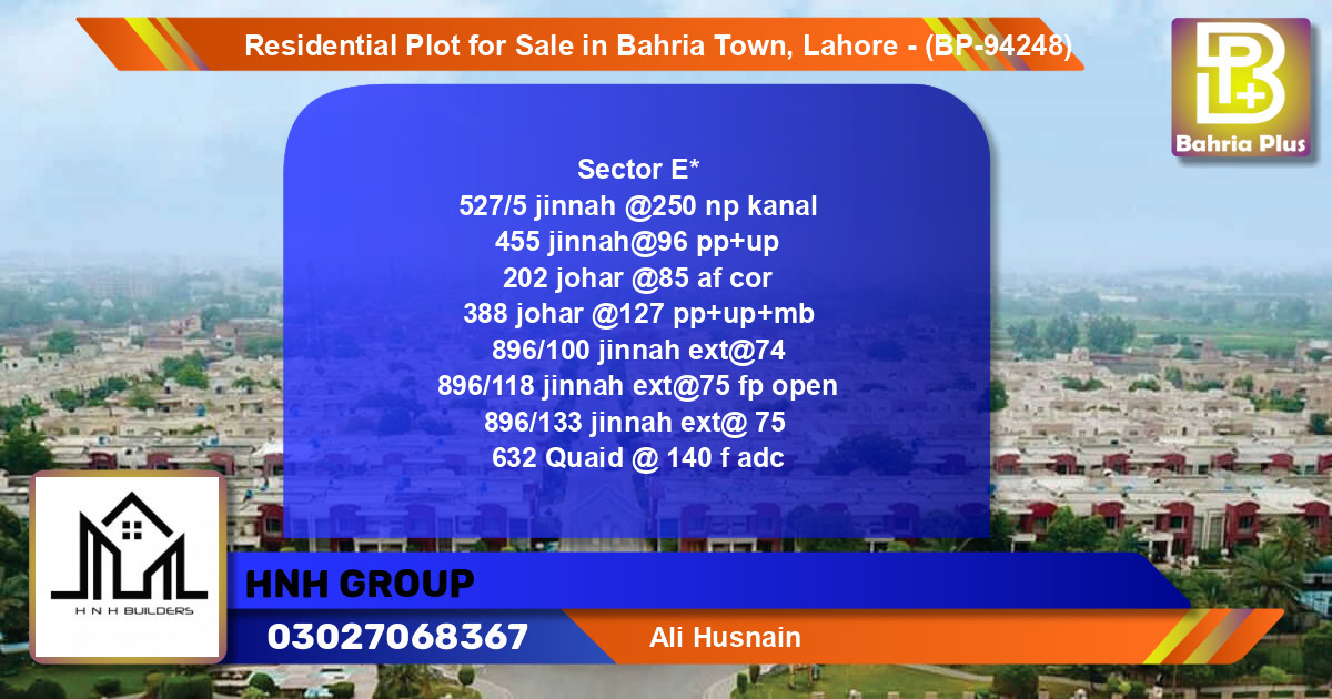 Residential Plot for Sale in Bahria Town, Lahore - (BP-94248)