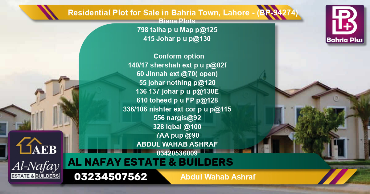Residential Plot for Sale in Bahria Town, Lahore - (BP-94274)