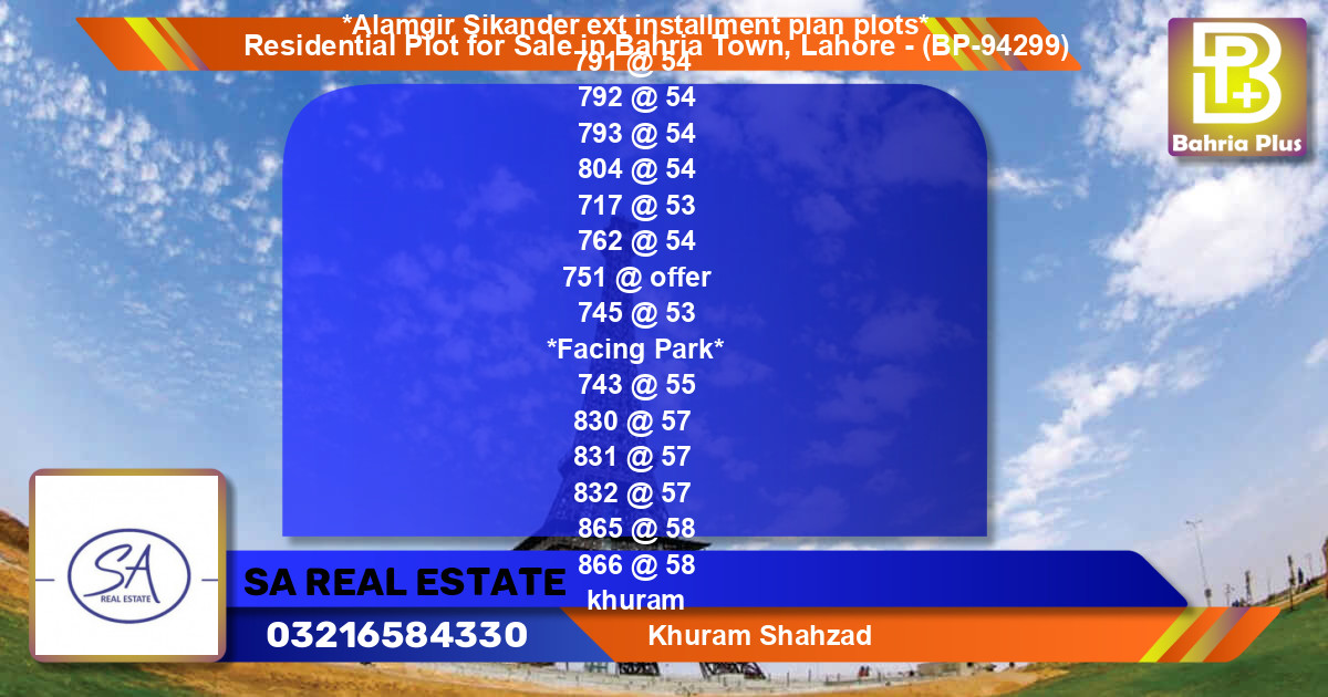 Residential Plot for Sale in Bahria Town, Lahore - (BP-94299)