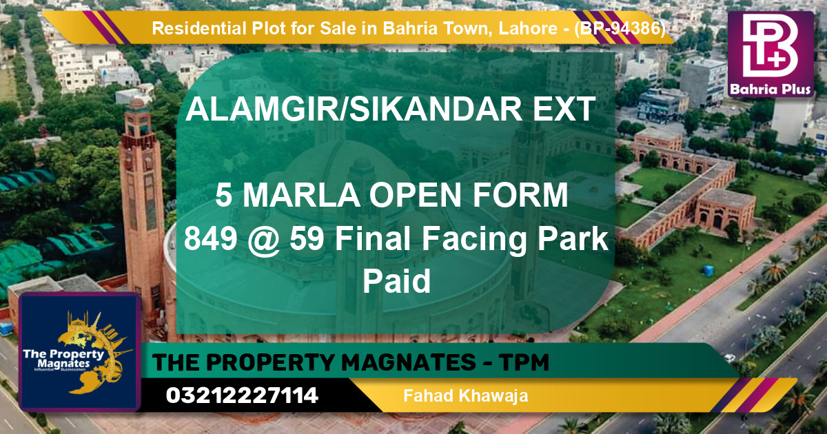 Residential Plot for Sale in Bahria Town, Lahore - (BP-94386)