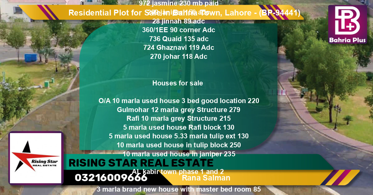 Residential Plot for Sale in Bahria Town, Lahore - (BP-94441)