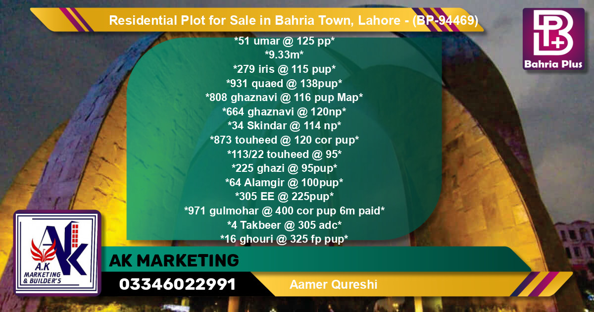 Residential Plot for Sale in Bahria Town, Lahore - (BP-94469)