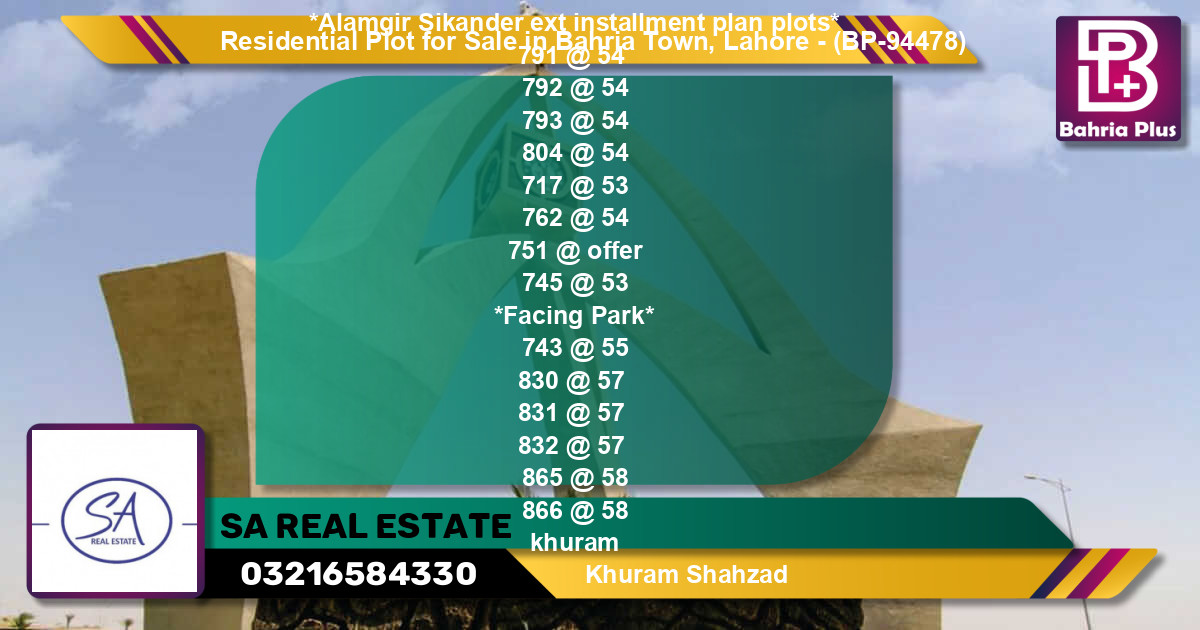 Residential Plot for Sale in Bahria Town, Lahore - (BP-94478)