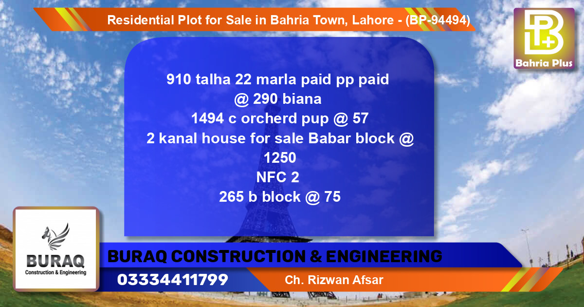 Residential Plot for Sale in Bahria Town, Lahore - (BP-94494)