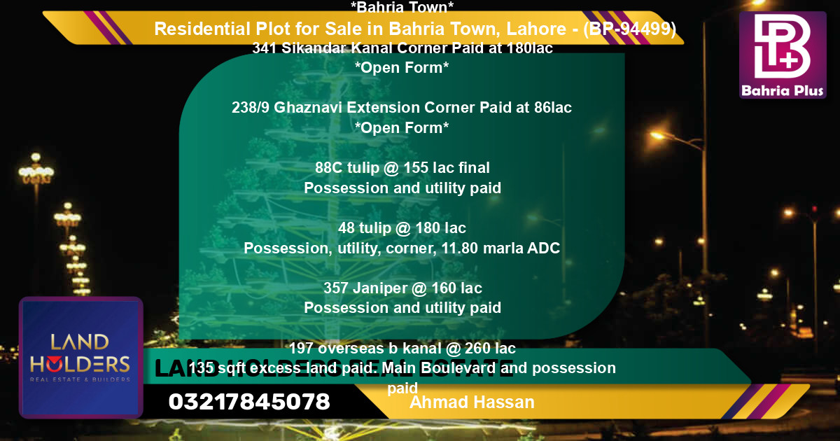 Residential Plot for Sale in Bahria Town, Lahore - (BP-94499)