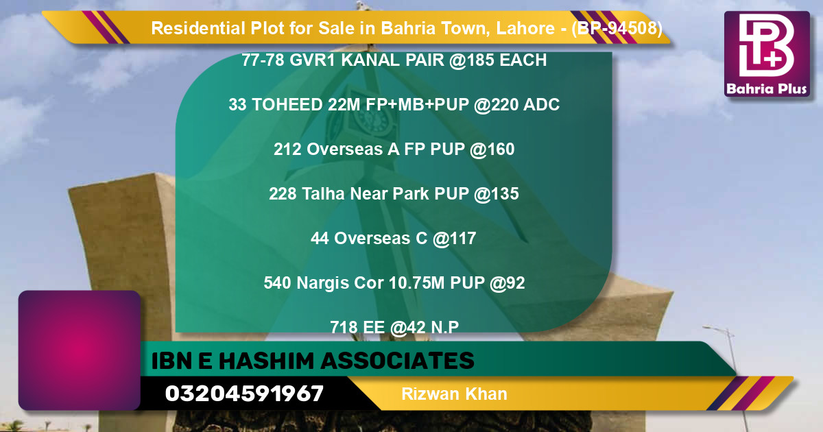 Residential Plot for Sale in Bahria Town, Lahore - (BP-94508)