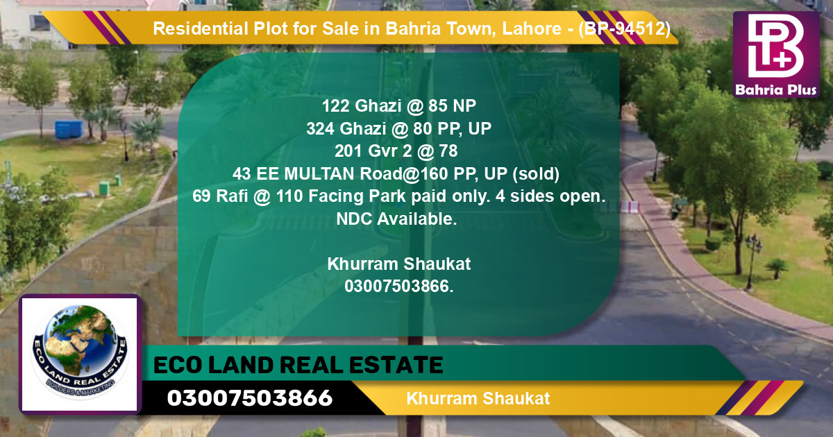Residential Plot for Sale in Bahria Town, Lahore - (BP-94512)