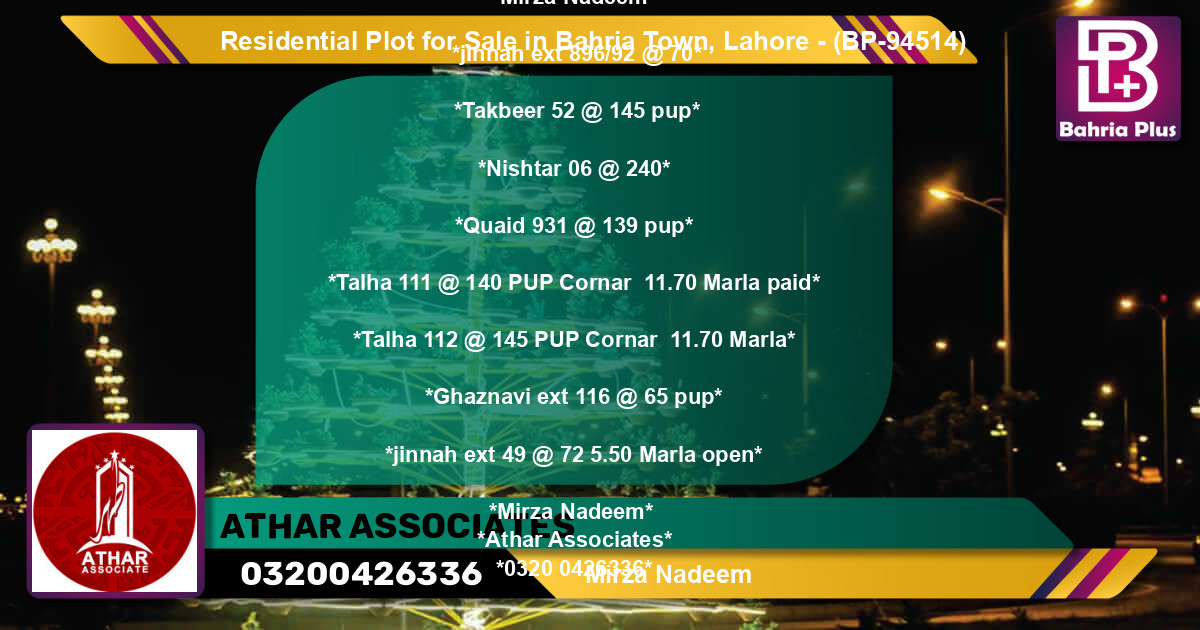 Residential Plot for Sale in Bahria Town, Lahore - (BP-94514)
