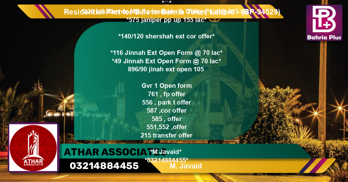 Residential Plot for Sale in Bahria Town, Lahore - (BP-94529)