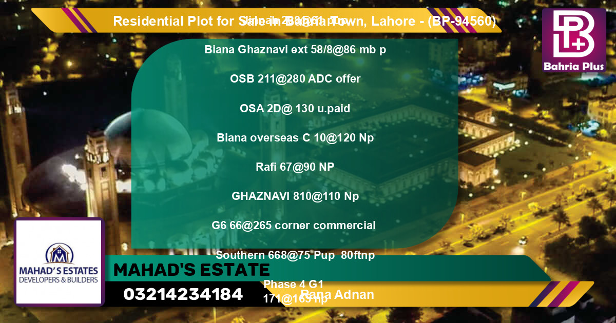 Residential Plot for Sale in Bahria Town, Lahore - (BP-94560)